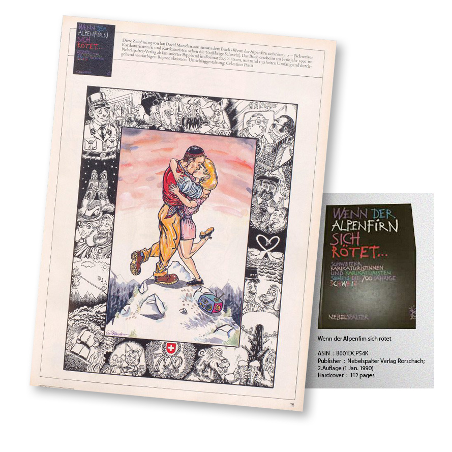 Nebelspalter-Seite mit großer Illustration von Ian David Marsden zu „Wenn der Alpenfirn sich rötet“, mit küssendem Paar im Alpenpanorama und zahlreichen Nebenfiguren.