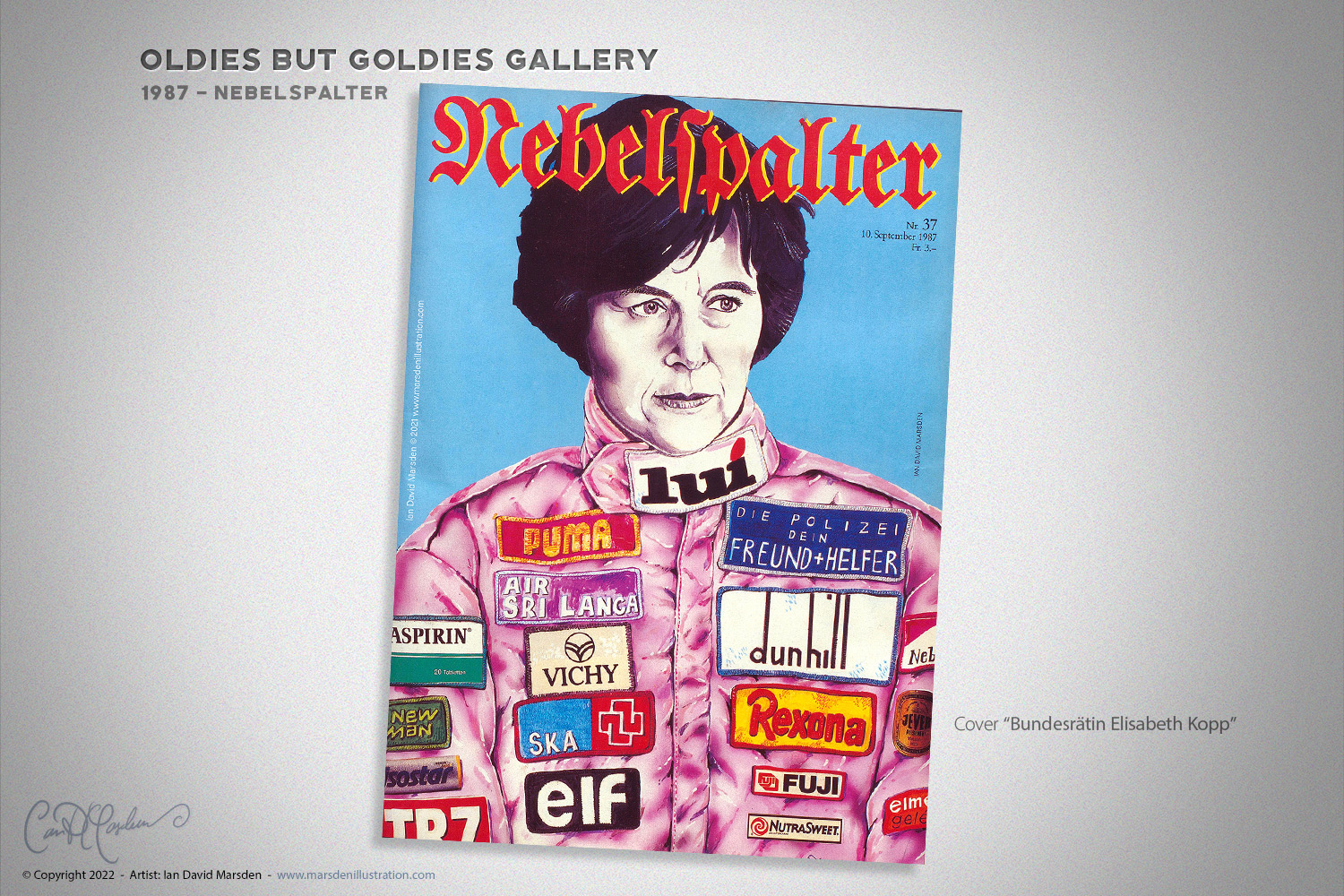 Politische Nebelspalter-Coverkarikatur von Bundesrätin Elisabeth Kopp mit Werbelogos auf der Jacke, gezeichnet von Ian David Marsden, 1987.