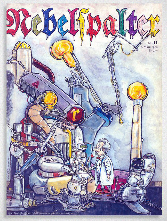 Nebelspalter-Titelbild von Ian David Marsden aus dem Jahr 1992 mit gewaltiger mechanischer Malmaschine und kleinem Erfinder.