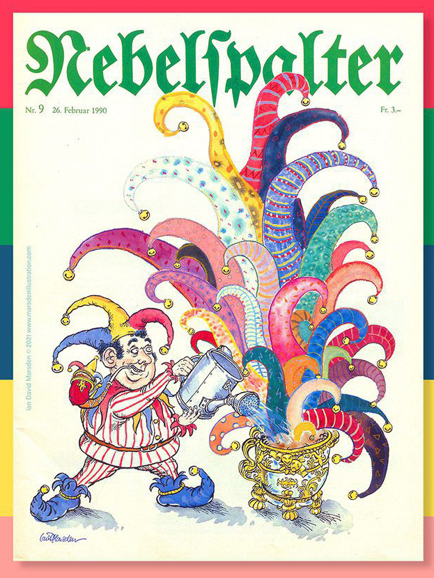 Nebelspalter-Titelbild „Narr mit Pflanze“ von Ian David Marsden aus dem Jahr 1990, mit Hofnarr und einer Pflanze voller Narrenkappen.