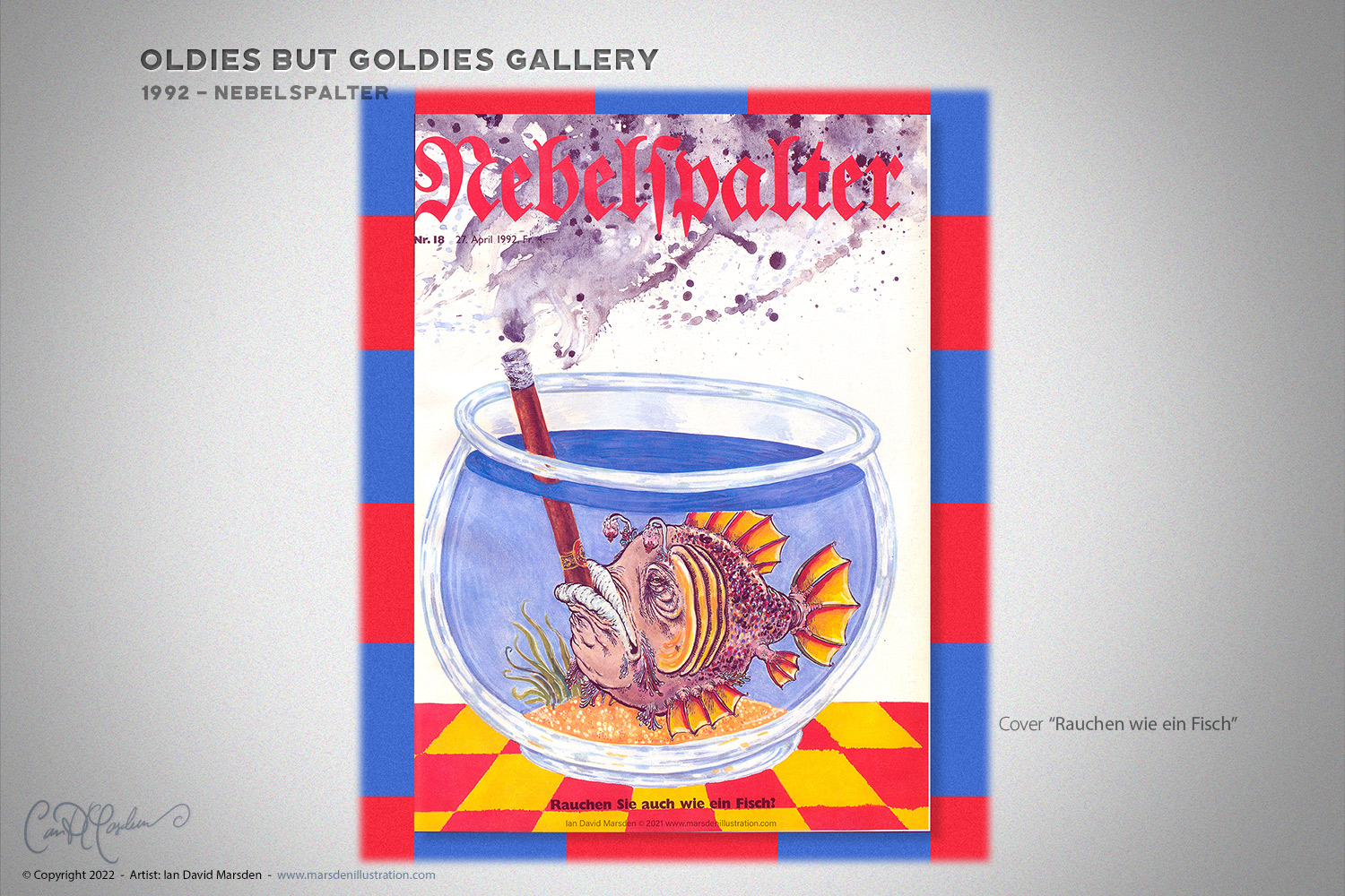Nebelspalter-Titelbild „Rauchen wie ein Fisch“ von Ian David Marsden, mit rauchendem Fisch in einem Goldfischglas, 1992.