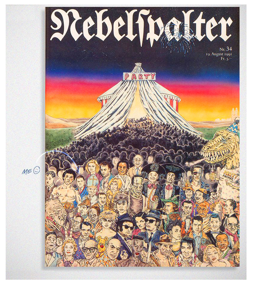 Dicht bevölkertes Nebelspalter-Cover von Ian David Marsden aus dem Jahr 1991 mit prominenten Persönlichkeiten, Popkulturfiguren und Partyzelt.