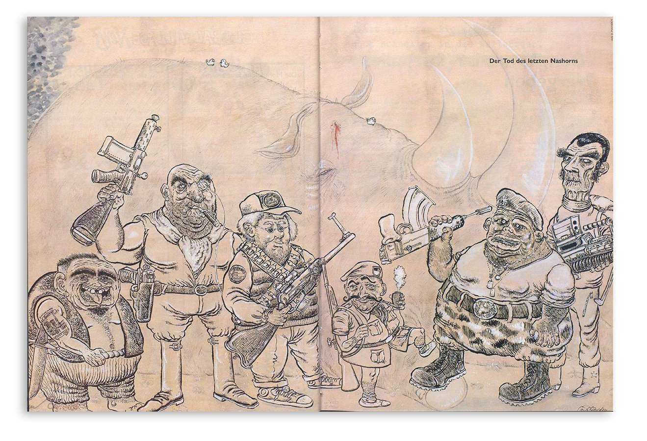Doppelseitige Nebelspalter-Illustration „Der Tod des letzten Nashorns“ von Ian David Marsden mit bewaffneten Wilderern vor einem getöteten Nashorn.