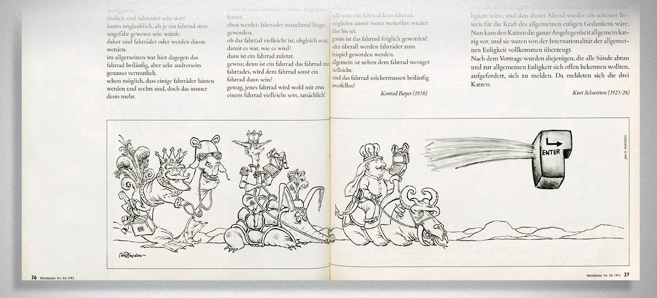 Nebelspalter-Doppelseite von Ian David Marsden aus dem Jahr 1993 mit den Heiligen Drei Königen auf Kamelen und einer riesigen Enter-Taste.