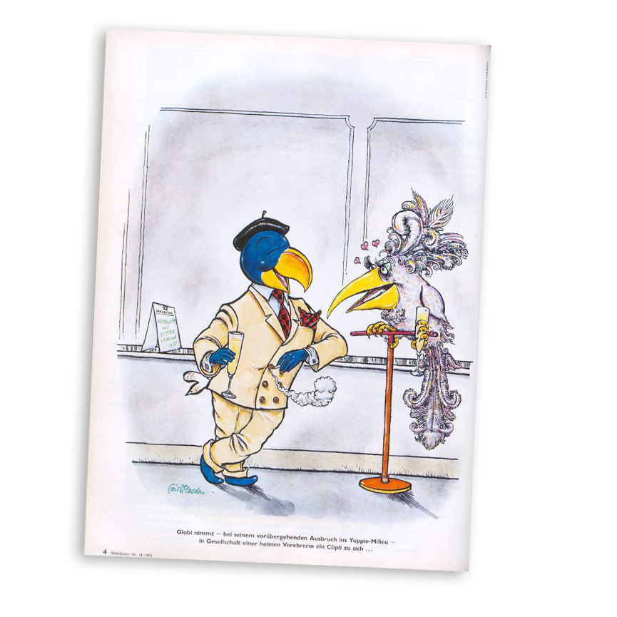 Satirische Nebelspalter-Illustration von Ian David Marsden aus dem Jahr 1992 mit Globi als Yuppie an einer Bar neben einer extravaganten Verehrerin.