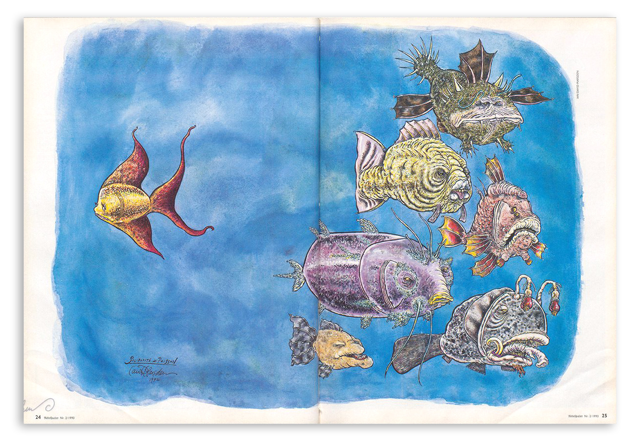 Doppelseitige Nebelspalter-Illustration „Solidarité de Poisson“ von Ian David Marsden mit einer Gruppe grotesker Fantasiefische, 1993.