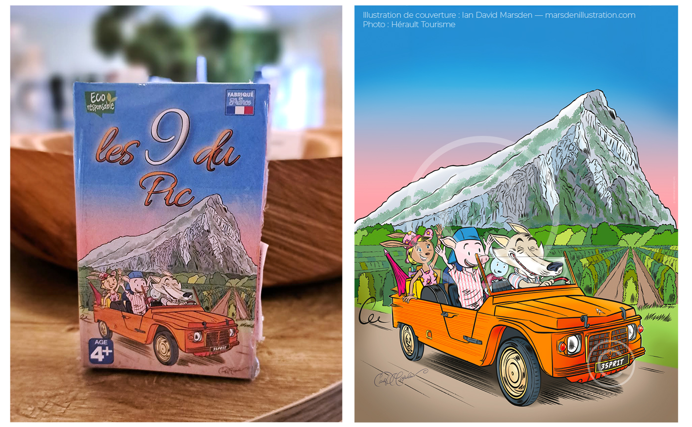 Illustration originale de Ian David Marsden pour la couverture du jeu de cartes Les 9 du Pic, avec personnages en Méhari orange devant le Pic Saint-Loup.