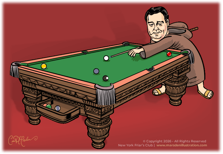 Jackie Gleason caricature as a pool-playing Friar for the New York Friars Club, illustrated by Ian David Marsden