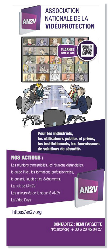 Kakémono AN2V présentant les actions de l’association, avec illustration d’une réunion en visioconférence et d’un échange autour d’une table.