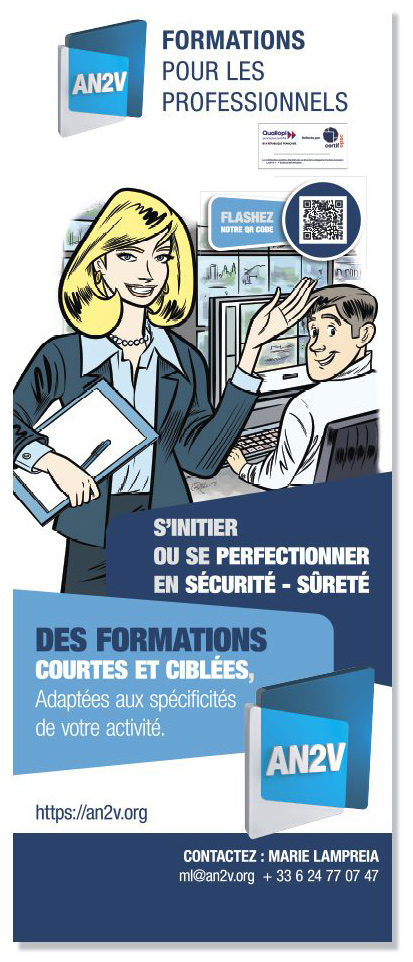 Kakémono AN2V sur les formations professionnelles en sécurité et sûreté, avec une illustration d’accueil et de présentation devant des écrans de contrôle.