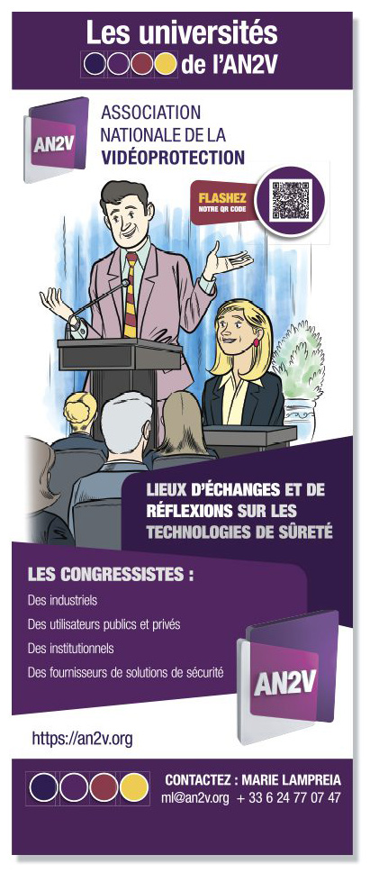Kakémono illustré pour Les Universités de l’AN2V, montrant une intervention en conférence devant un public dans un univers de sécurité et de sûreté.