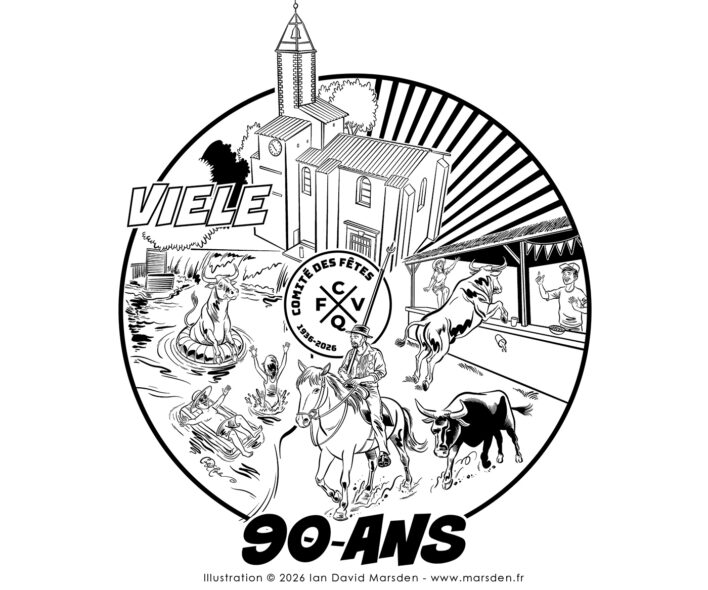 Illustration en noir et blanc pour le logo tee-shirt des 90 ans de la fête votive de Quissac VIELE, 1936–2026, avec église, scènes taurines et composition circulaire.