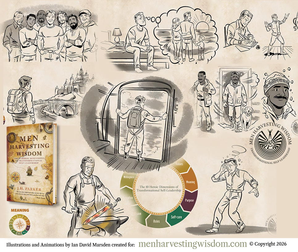 Montage of hand-drawn illustrations and animated scenes created by Ian David Marsden for the Men Harvesting Wisdom explainer video, including men in reflective life moments, a threshold doorway, blacksmith metaphor, heroic dimensions wheel, book cover and project emblem.