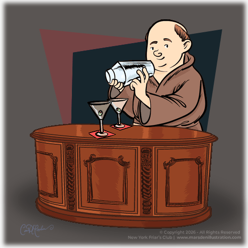 Cartoon bartender Friar pouring drinks at an antique wooden bar for the New York Friars Club, illustrated by Ian David Marsden