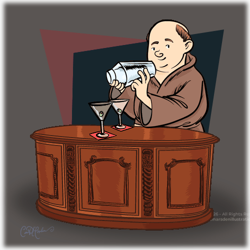 Cartoon bartender Friar pouring drinks at an antique wooden bar for the New York Friars Club, illustrated by Ian David Marsden