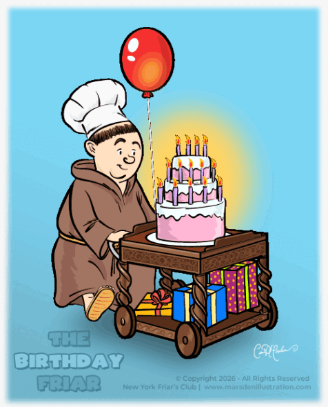 Cartoon Birthday Friar pushing a cake trolley for the New York Friars Club, illustrated by Ian David Marsden