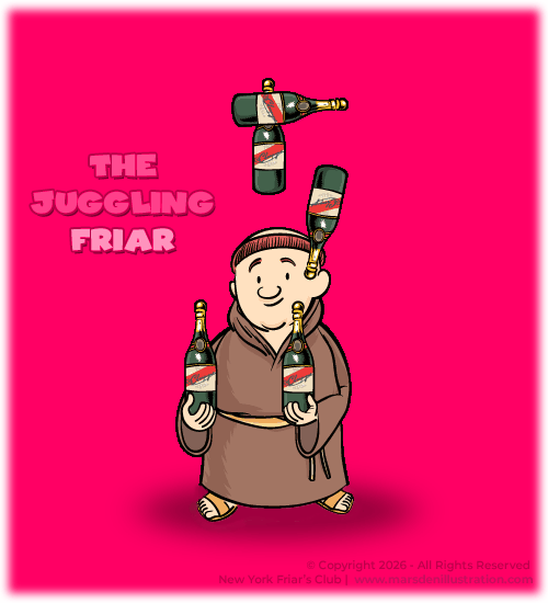 Cartoon Friar juggling champagne bottles for the New York Friars Club website, illustrated by Ian David Marsden