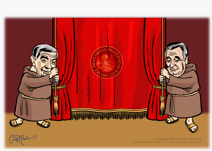 Cartoon Friar caricatures opening a red stage curtain for the New York Friars Club, illustrated by Ian David Marsden