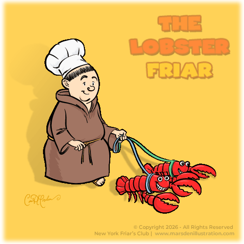 Cartoon chef Friar walking two lobsters for the New York Friars Club, illustrated by Ian David Marsden