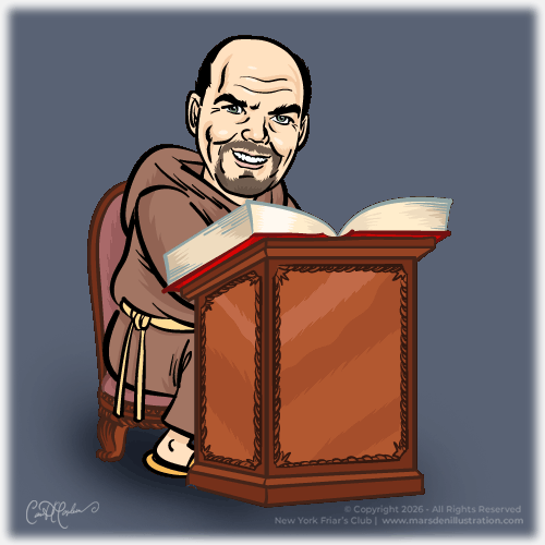 Cartoon Friar reading at a carved wooden lectern for the New York Friars Club, illustrated by Ian David Marsden