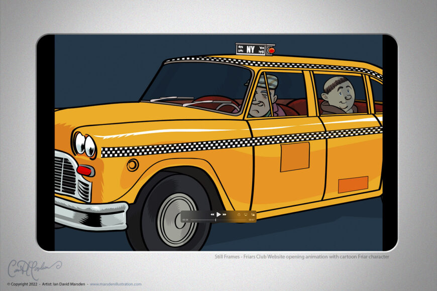 Cartoon friar character riding in a New York yellow cab in a website animation for the Friars Club
