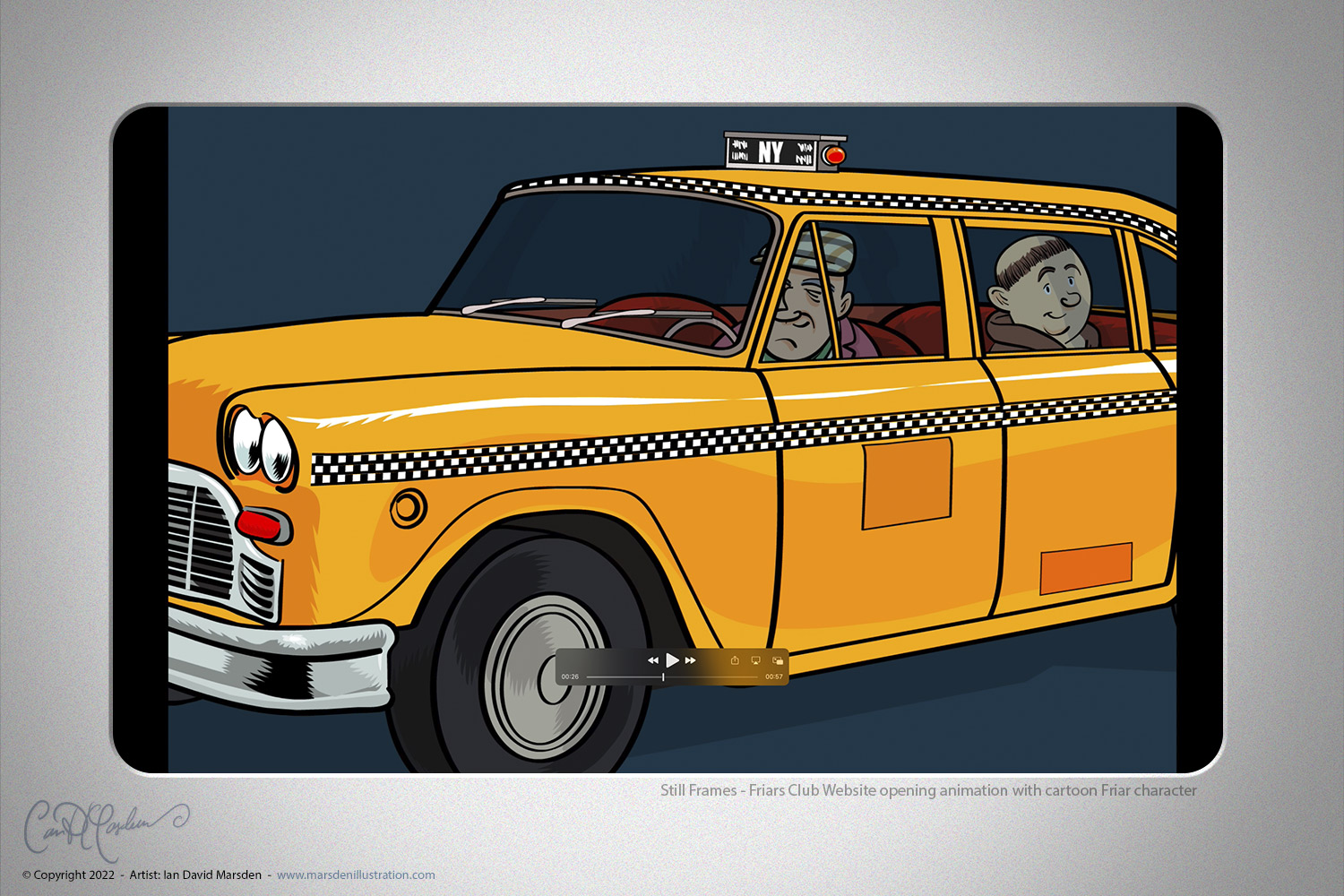 Cartoon friar character riding in a New York yellow cab in a website animation for the Friars Club