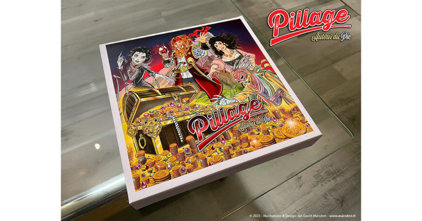 Boîte imprimée du jeu de société Pillage autour du Pic avec illustration de couverture, personnages et coffre au trésor.