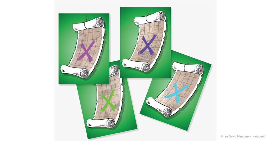 Cartes de création de Pillage autour du Pic avec parchemins, croix colorées et système graphique vert pour le jeu de société.