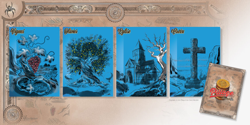 Cartes de lieux bleues du jeu Pillage autour du Pic représentant les vignes, l’olivier, l’église et la croix dans un système graphique territorial.