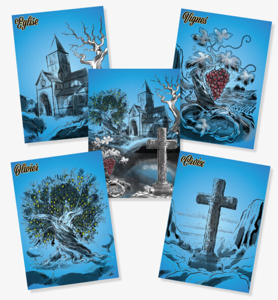 Cartes de lieux du jeu Pillage autour du Pic représentant les vignes, l’olivier, l’église et la croix dans un univers graphique bleu.