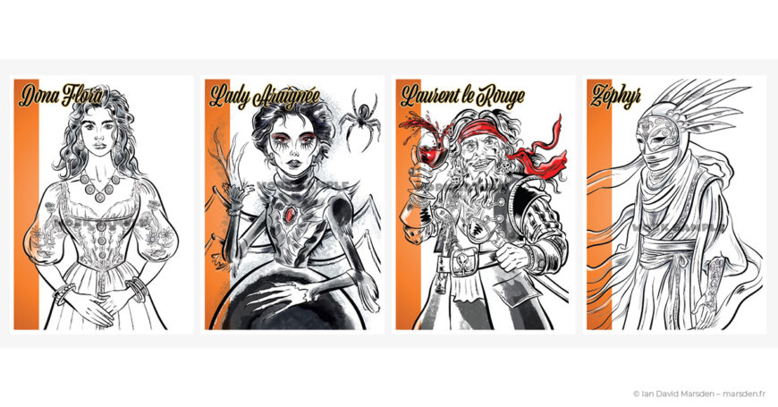 Character design pour Pillage autour du Pic avec Dona Flora, Lady Araignée, Laurent le Rouge et Zéphyr illustrés par Ian David Marsden.