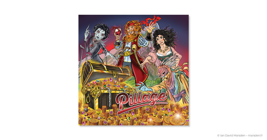 Illustration de couverture du jeu Pillage autour du Pic avec personnages, coffre au trésor, pièces d’or et logo du jeu.