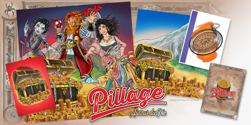 Illustration principale de Pillage autour du Pic avec personnages, coffre au trésor, cartes de jeu, boussole et décor inspiré du Pic Saint-Loup.