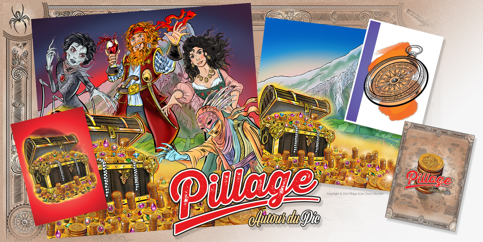 Illustration principale de Pillage autour du Pic avec personnages, coffre au trésor, cartes de jeu, boussole et décor inspiré du Pic Saint-Loup.