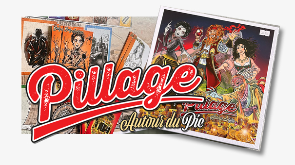 Visuel principal de Pillage autour du Pic avec boîte, plateau, cartes, personnages et éléments illustrés du jeu de société inspiré du Pic Saint-Loup.