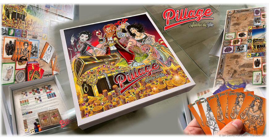 Vue d’ensemble de Pillage autour du Pic avec boîte, plateau, cartes, personnages, règles et composants du jeu de société illustré.