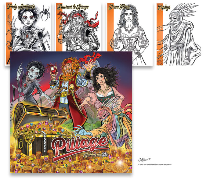 Illustration de boîte du jeu Pillage autour du Pic avec personnages principaux, coffre au trésor, pièces d’or et planches de character design.