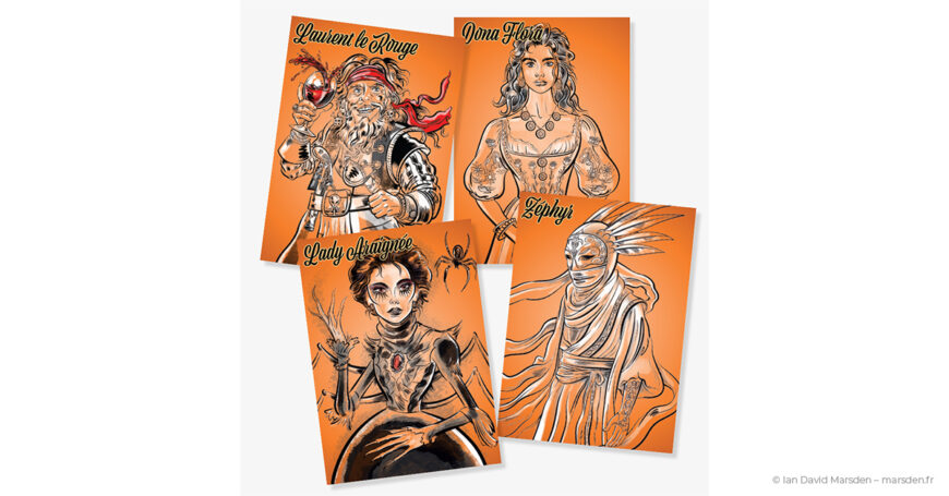 Cartes personnages orange de Pillage autour du Pic avec Dona Flora, Laurent le Rouge, Lady Araignée et Zéphyr illustrés par Ian David Marsden.