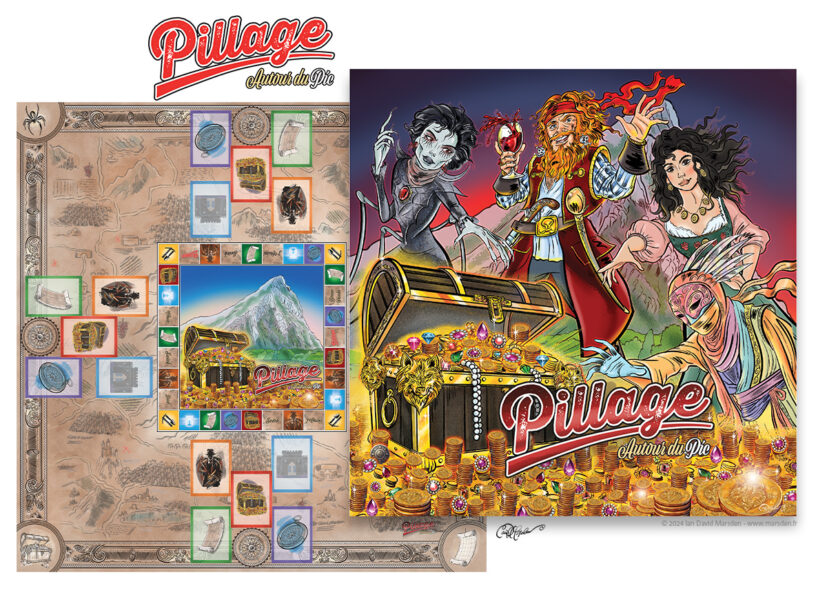 Plateau et boîte du jeu de société Pillage autour du Pic, illustrés par Ian David Marsden avec carte, trésor, personnages et univers du Pic Saint-Loup.