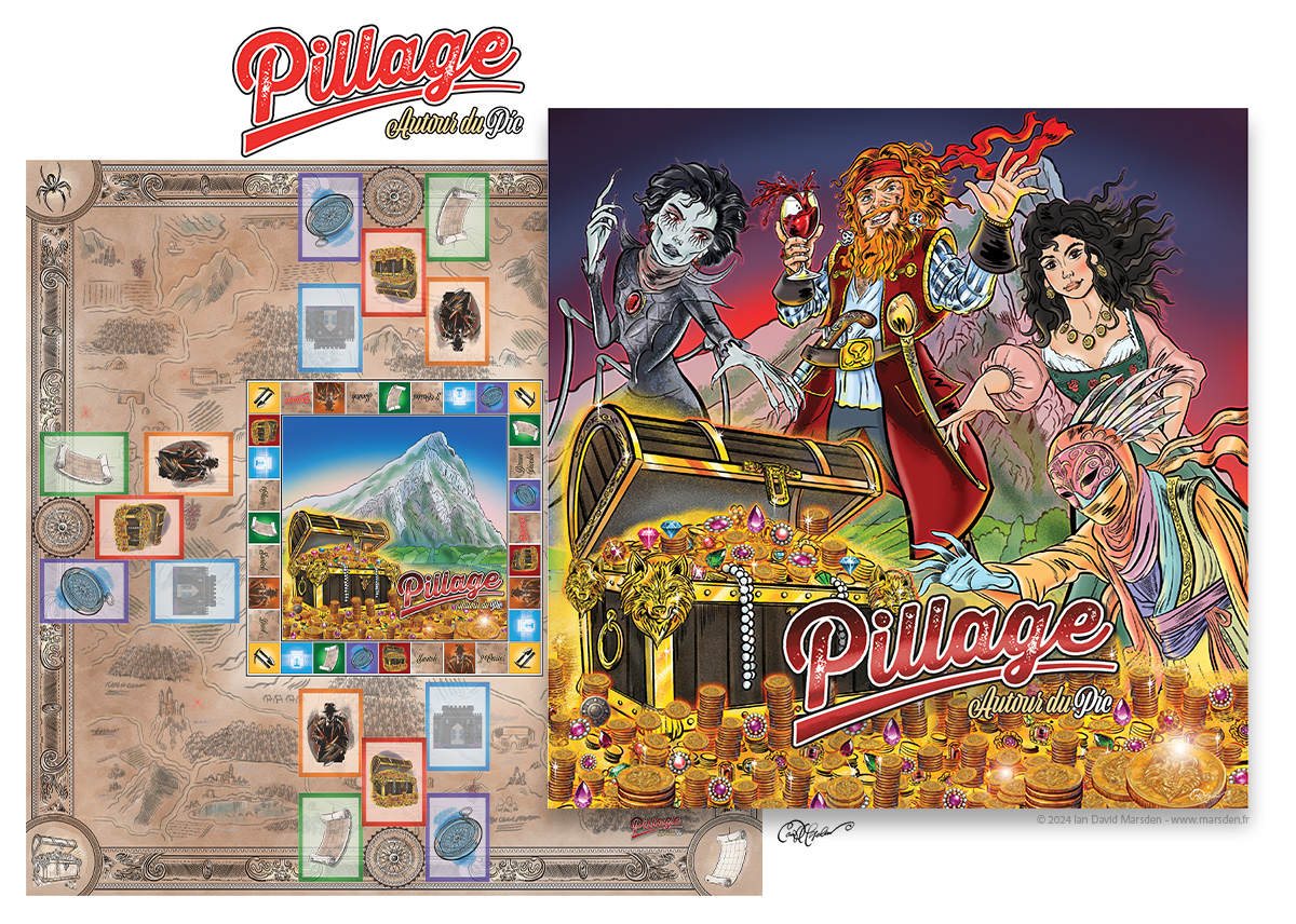 Plateau et boîte du jeu de société Pillage autour du Pic, illustrés par Ian David Marsden avec carte, trésor, personnages et univers du Pic Saint-Loup.
