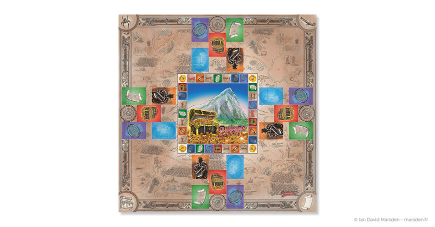 Plateau illustré de Pillage autour du Pic avec carte du territoire, zones colorées, coffre au trésor et repères de jeu.