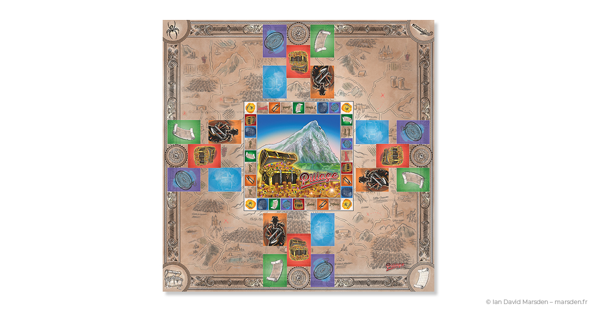Plateau illustré de Pillage autour du Pic avec carte du territoire, zones colorées, coffre au trésor et repères de jeu.
