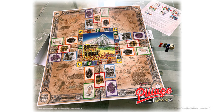 Plateau imprimé de Pillage autour du Pic en situation avec cartes de personnages, cartes de trésor, pions et éléments de jeu.