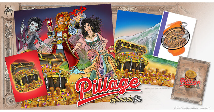 Présentation de Pillage autour du Pic avec boîte, plateau, cartes et visuels imprimés du jeu de société illustré.