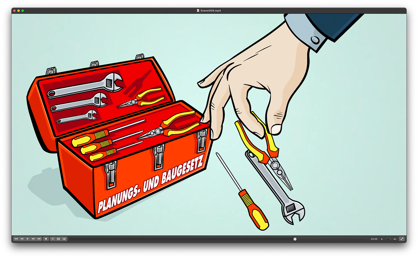 Handgezeichnete Erklärvideo-Szene mit Werkzeugkasten zum Planungs- und Baugesetz für ein Schweizer Animationsprojekt über Baureglement und Sondernutzungsplanung.