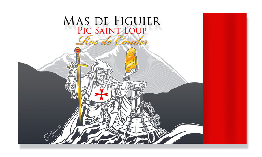 Composition graphique de l’étiquette Roc de Couder pour le Mas de Figuier, avec illustration médiévale et paysage du Pic Saint-Loup.