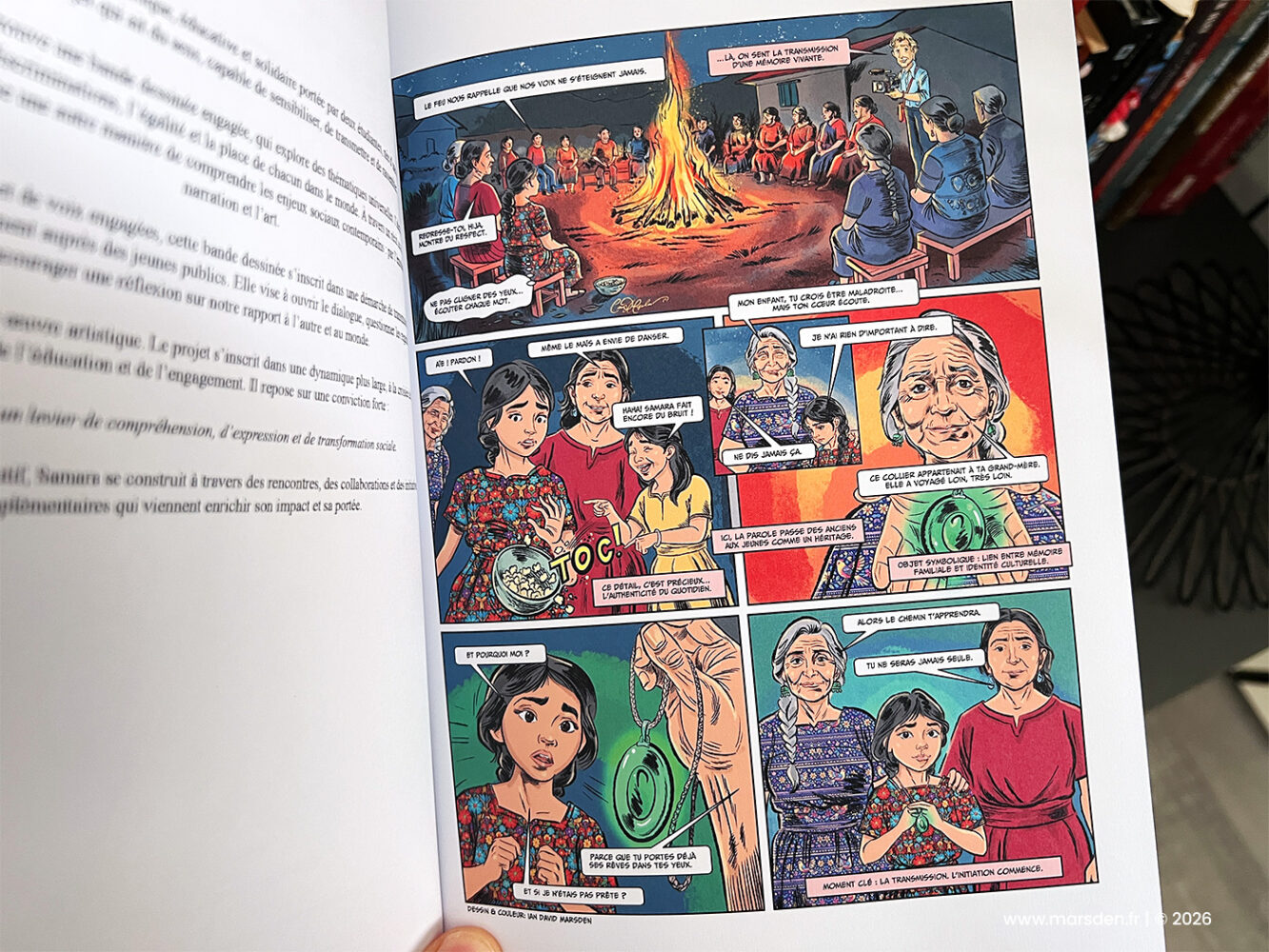 Printed comic page from Samara showing a fire-circle gathering and intergenerational cultural transmission, illustrated by Ian David Marsden.