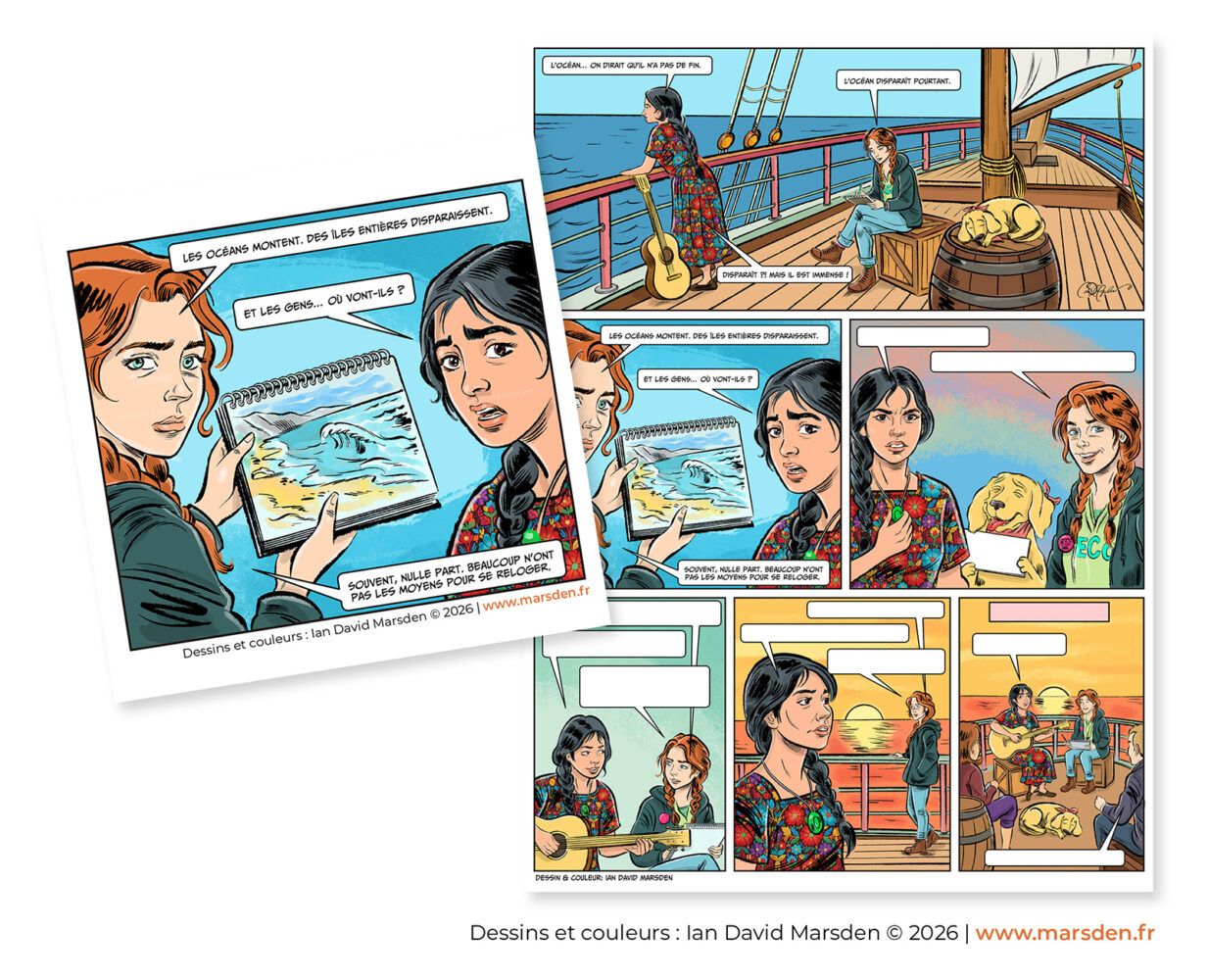 Page composition from the Samara bande dessinée with enlarged comic panel and full sequential layout by Ian David Marsden.