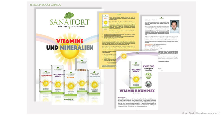 Sanafort 16-page Vitamins and Minerals product catalog designed by Ian David Marsden, showing the cover, introduction pages and a Vitamin B Complex product page.