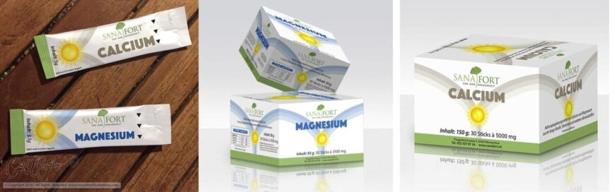 Composite packaging presentation designed by Ian David Marsden showing Sanafort Calcium and Magnesium stick sachets, Magnesium folding box and Calcium folding box within one coordinated supplement packaging system.